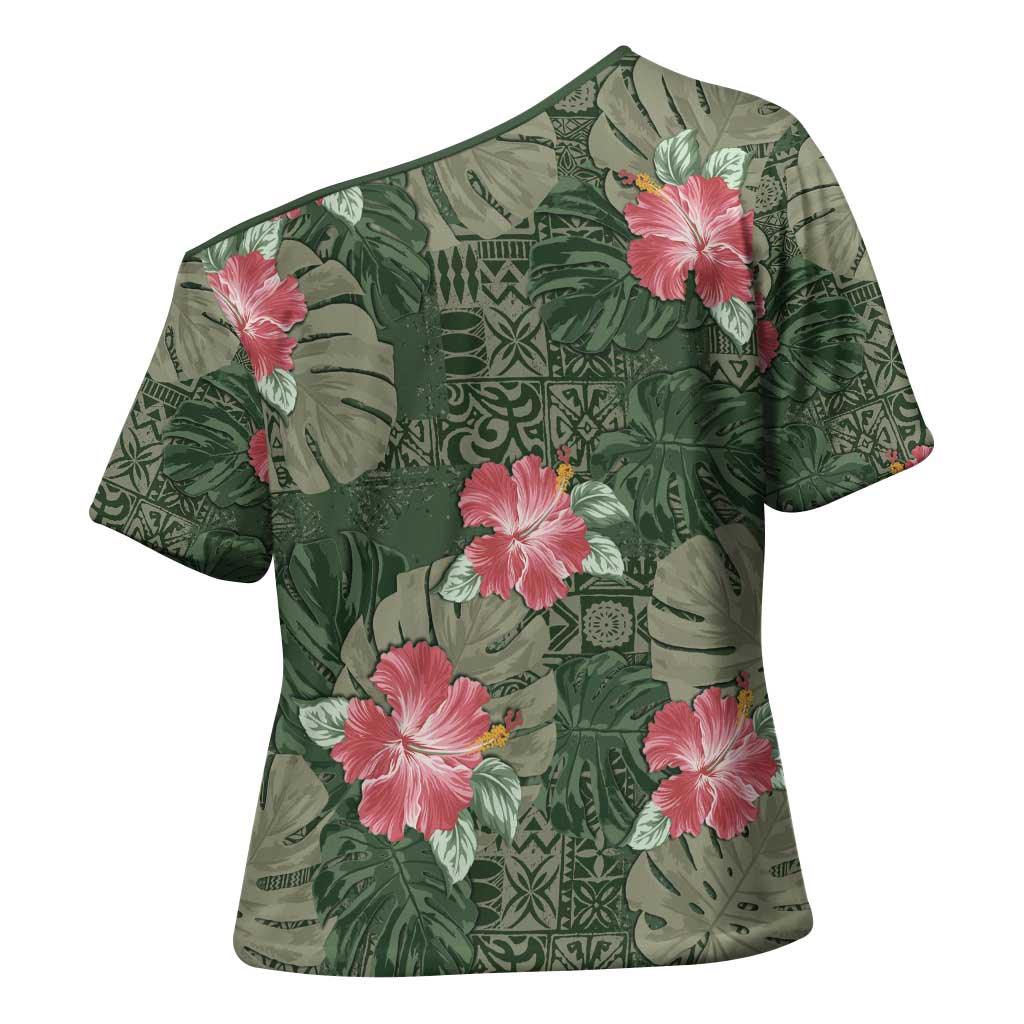 Hawaii Cross Shoulder Shirt Green Polynesian Monstera Patterns - Polynesian Pride