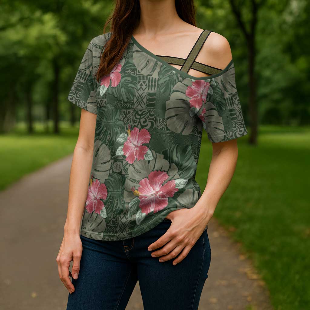 Hawaii Cross Shoulder Shirt Green Polynesian Monstera Patterns - Polynesian Pride