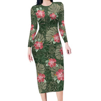 Hawaii Family Matching Long Sleeve Bodycon Dress and Hawaiian Shirt Green Polynesian Monstera Patterns - Polynesian Pride