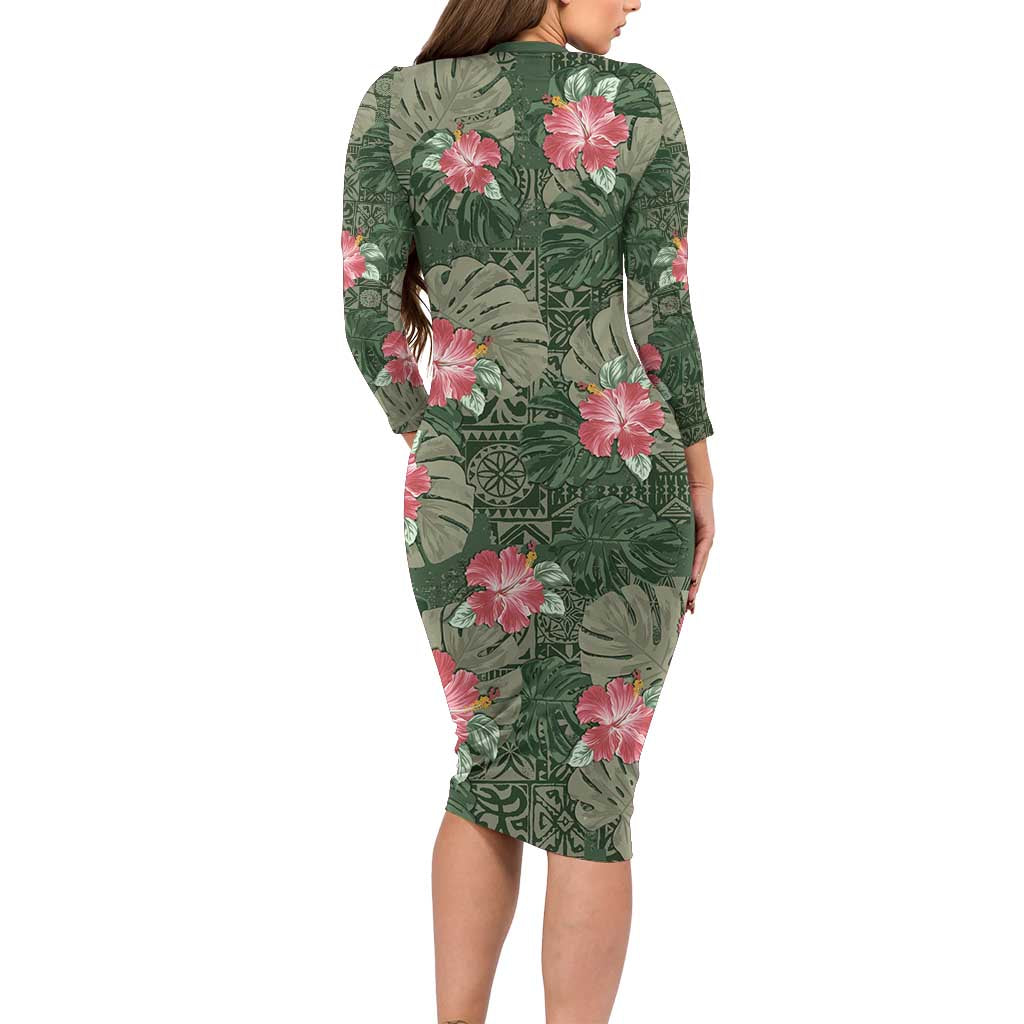 Hawaii Family Matching Long Sleeve Bodycon Dress and Hawaiian Shirt Green Polynesian Monstera Patterns - Polynesian Pride