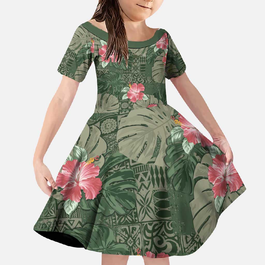 Hawaii Family Matching Mermaid Dress and Hawaiian Shirt Green Polynesian Monstera Patterns - Polynesian Pride