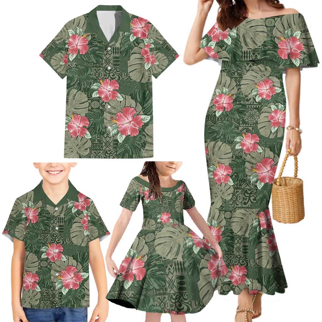 Hawaii Family Matching Mermaid Dress and Hawaiian Shirt Green Polynesian Monstera Patterns - Polynesian Pride