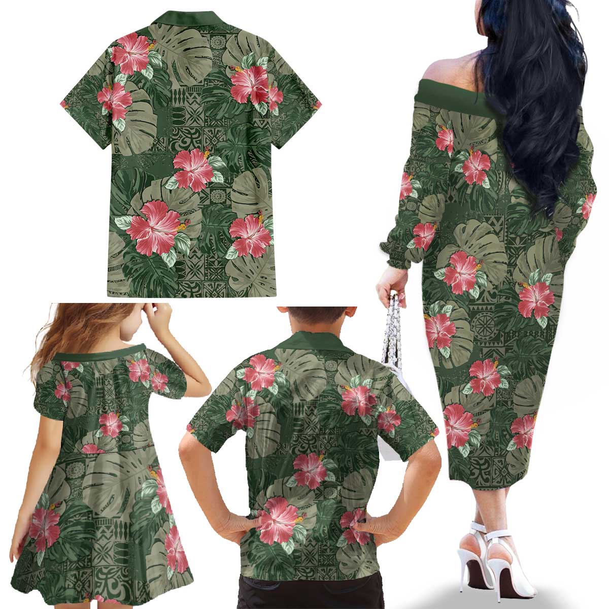 Hawaii Family Matching Off The Shoulder Long Sleeve Dress and Hawaiian Shirt Green Polynesian Monstera Patterns - Polynesian Pride