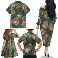 Hawaii Family Matching Off The Shoulder Long Sleeve Dress and Hawaiian Shirt Green Polynesian Monstera Patterns - Polynesian Pride