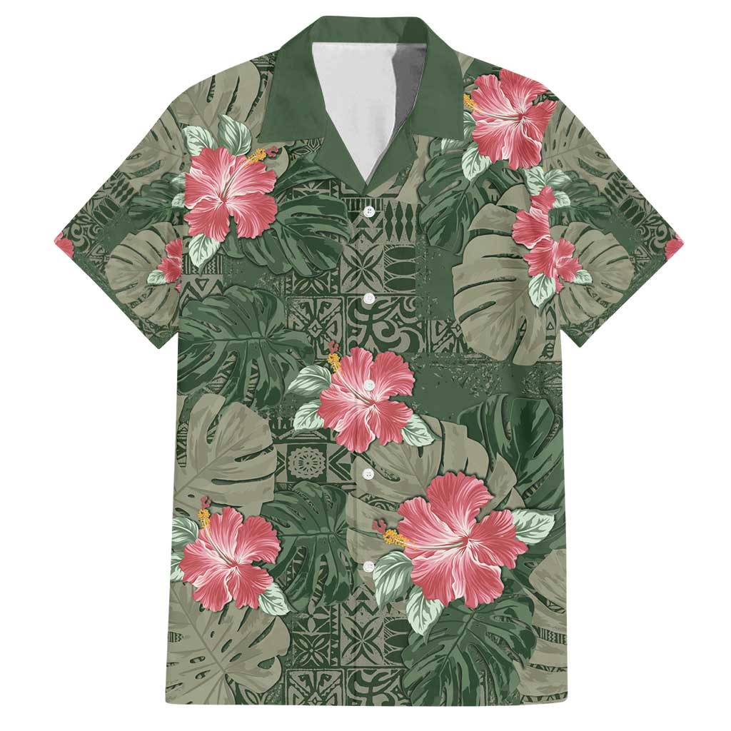 Hawaii Family Matching Off Shoulder Short Dress and Hawaiian Shirt Green Polynesian Monstera Patterns - Polynesian Pride