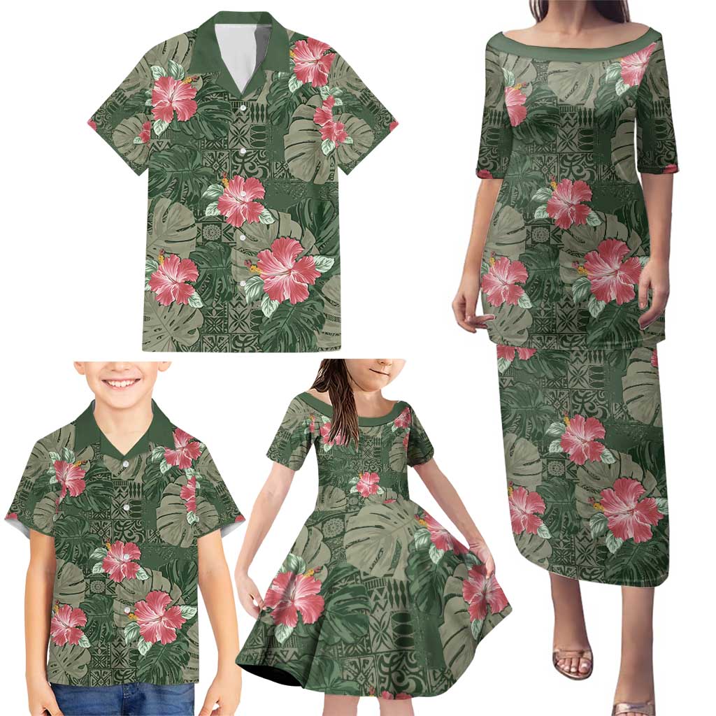 Hawaii Family Matching Puletasi and Hawaiian Shirt Green Polynesian Monstera Patterns - Polynesian Pride