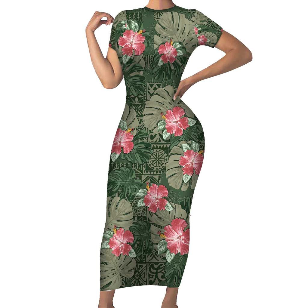 Hawaii Family Matching Short Sleeve Bodycon Dress and Hawaiian Shirt Green Polynesian Monstera Patterns - Polynesian Pride