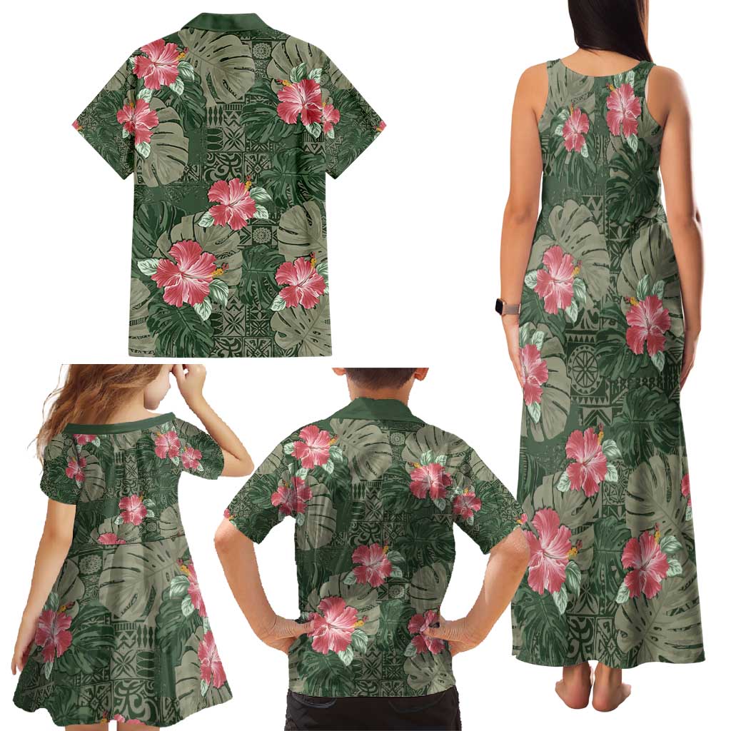 Hawaii Family Matching Tank Maxi Dress and Hawaiian Shirt Green Polynesian Monstera Patterns - Polynesian Pride