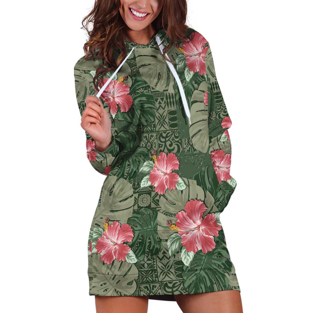 Hawaii Hoodie Dress Green Polynesian Monstera Patterns - Polynesian Pride