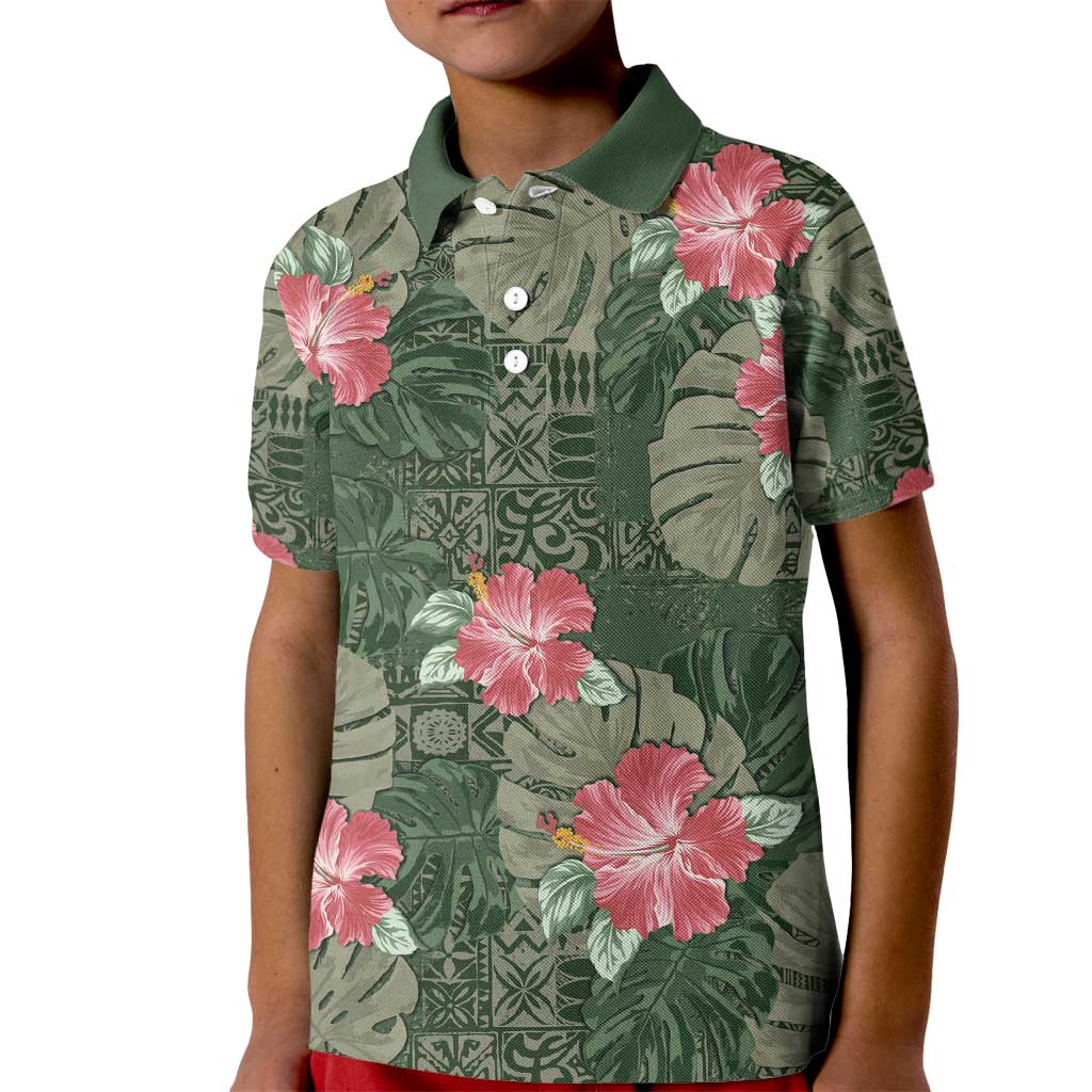 Hawaii Kid Polo Shirt Green Polynesian Monstera Patterns - Polynesian Pride
