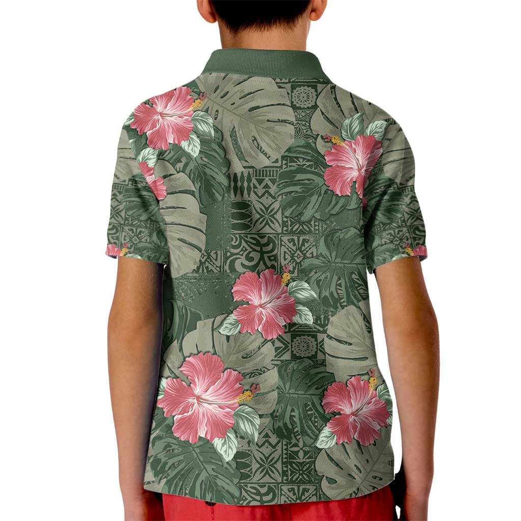 Hawaii Kid Polo Shirt Green Polynesian Monstera Patterns - Polynesian Pride