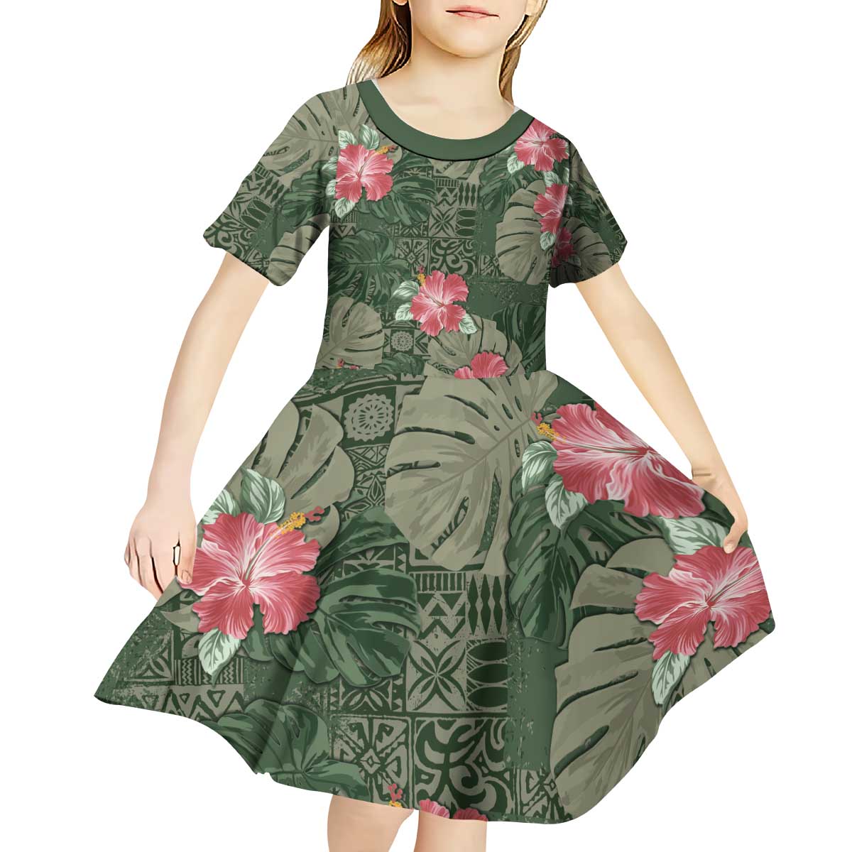 Hawaii Kid Short Sleeve Dress Green Polynesian Monstera Patterns - Polynesian Pride