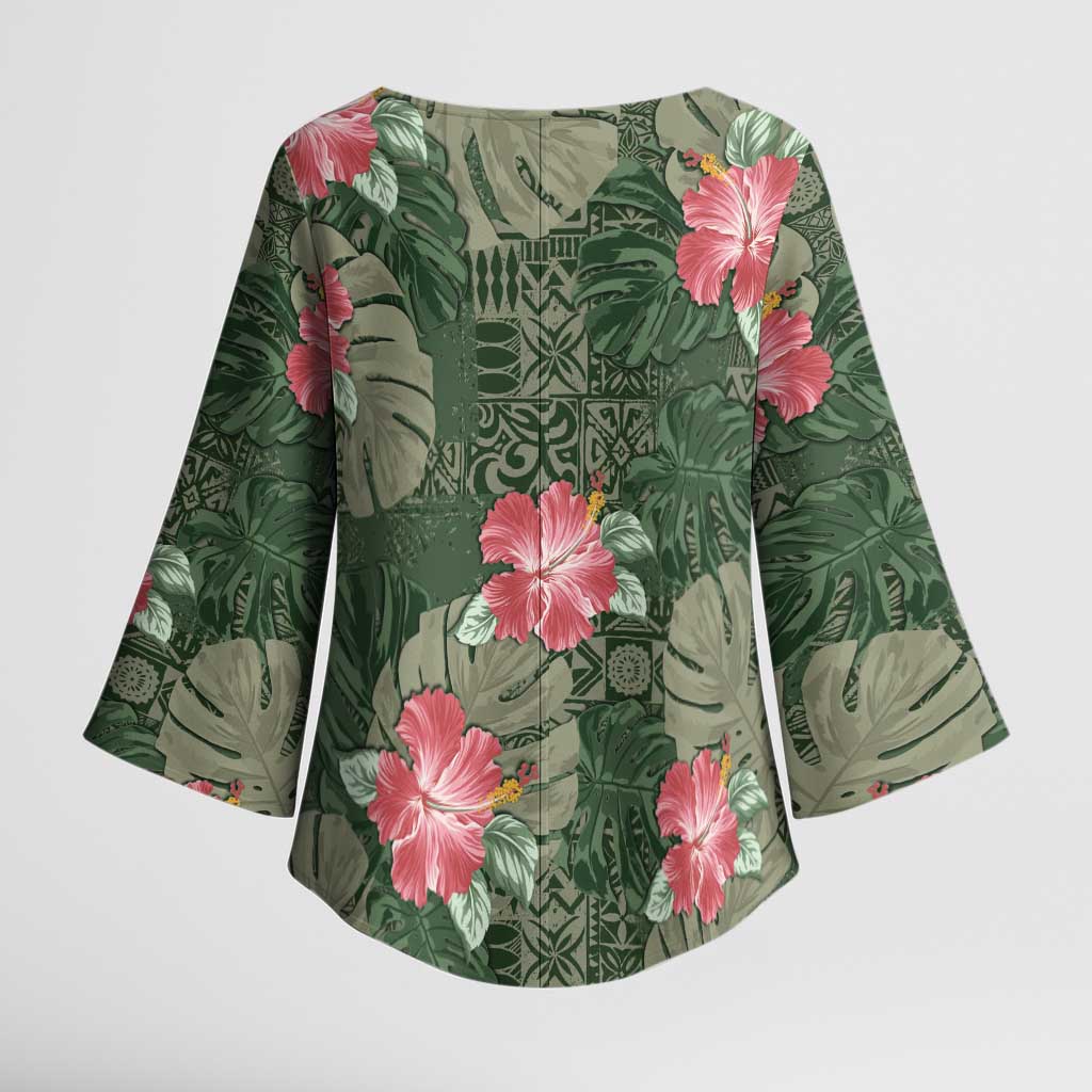 Hawaii Kimono Sleeve Blouse Green Polynesian Monstera Patterns - Polynesian Pride