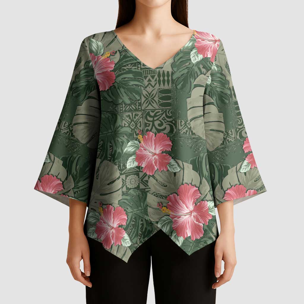 Hawaii Kimono Sleeve Blouse Green Polynesian Monstera Patterns - Polynesian Pride