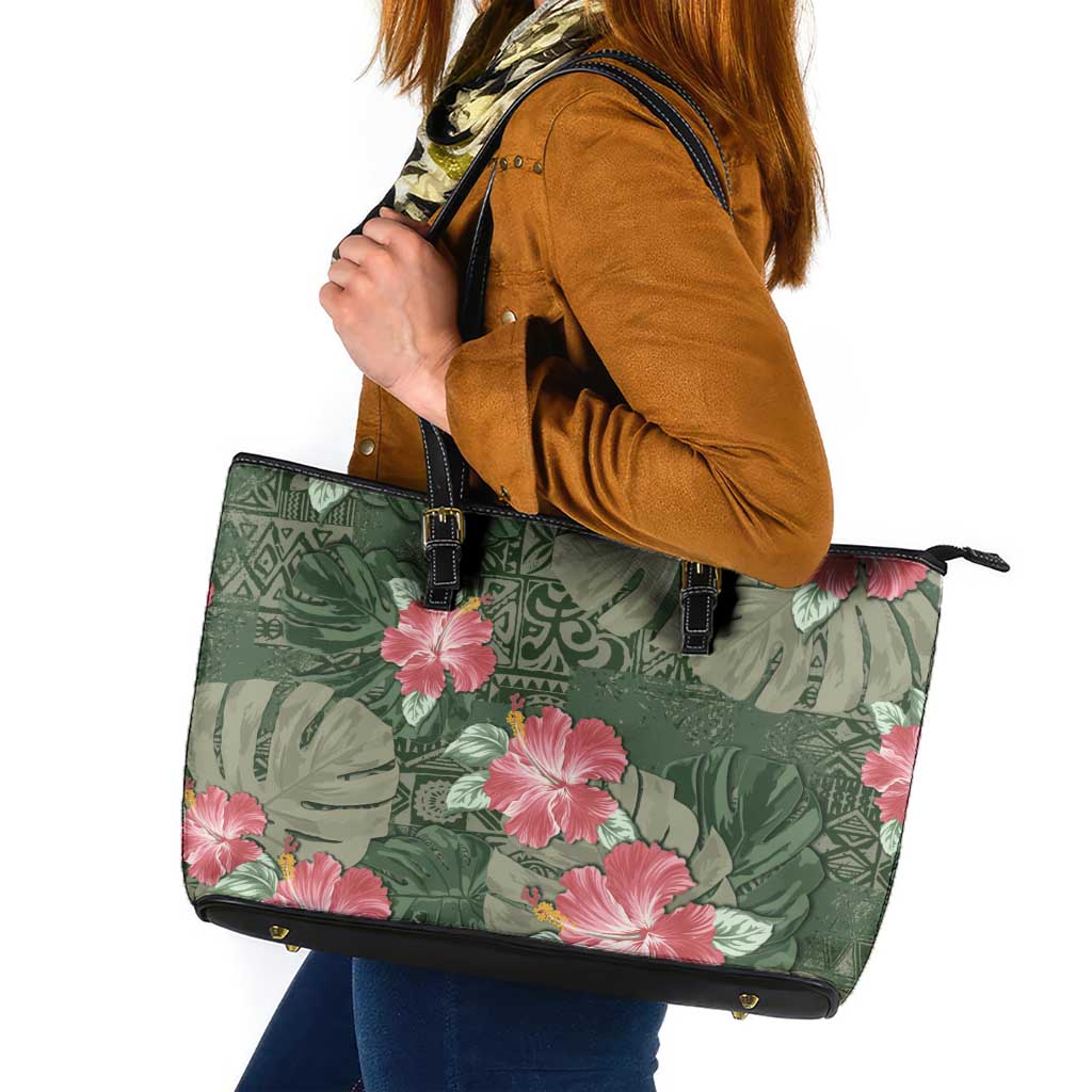Hawaii Leather Tote Bag Green Polynesian Monstera Patterns - Polynesian Pride