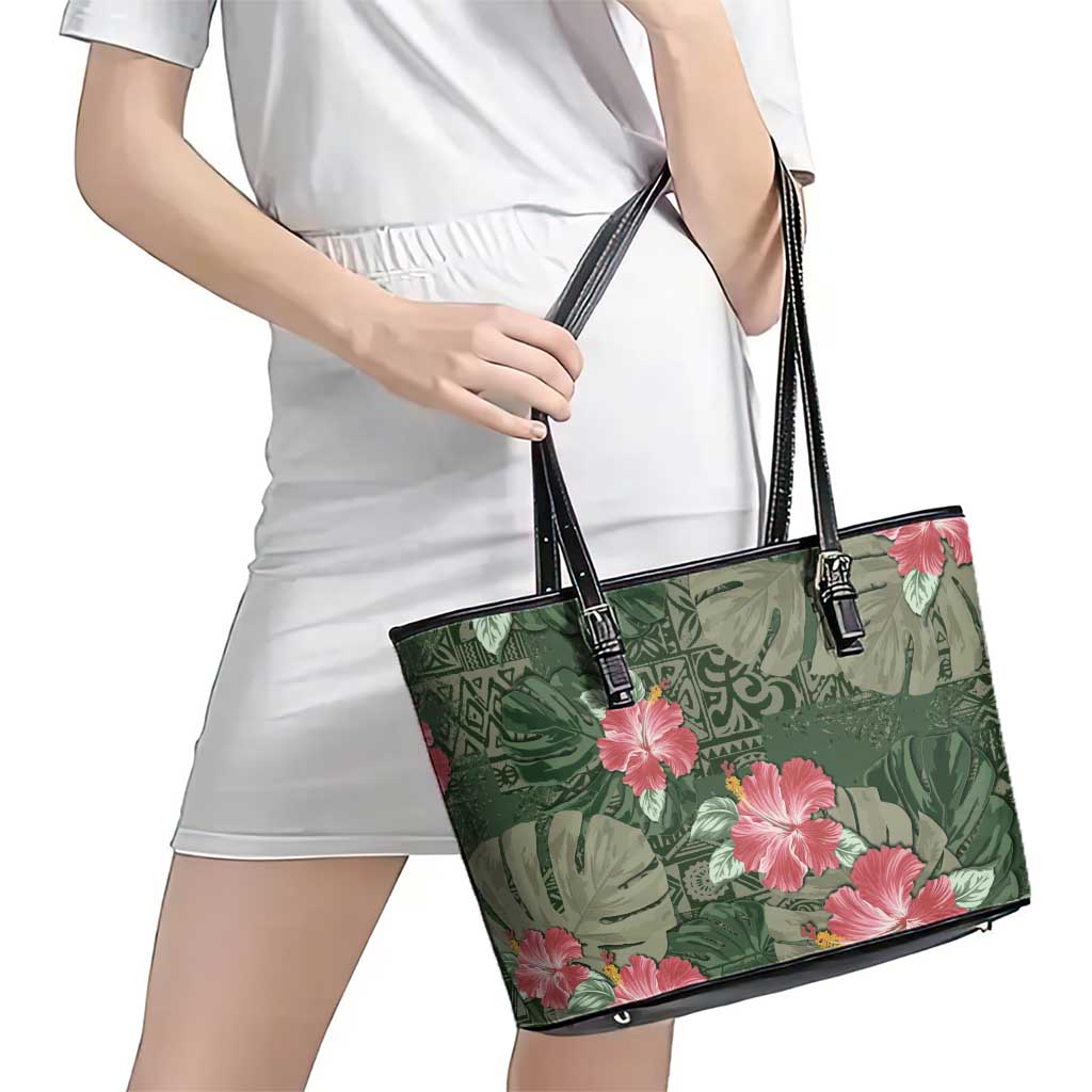 Hawaii Leather Tote Bag Green Polynesian Monstera Patterns - Polynesian Pride
