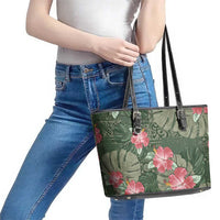 Hawaii Leather Tote Bag Green Polynesian Monstera Patterns - Polynesian Pride