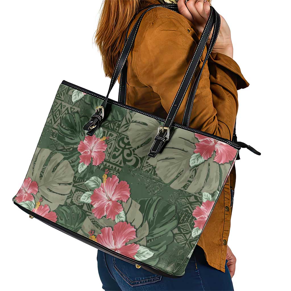 Hawaii Leather Tote Bag Green Polynesian Monstera Patterns - Polynesian Pride