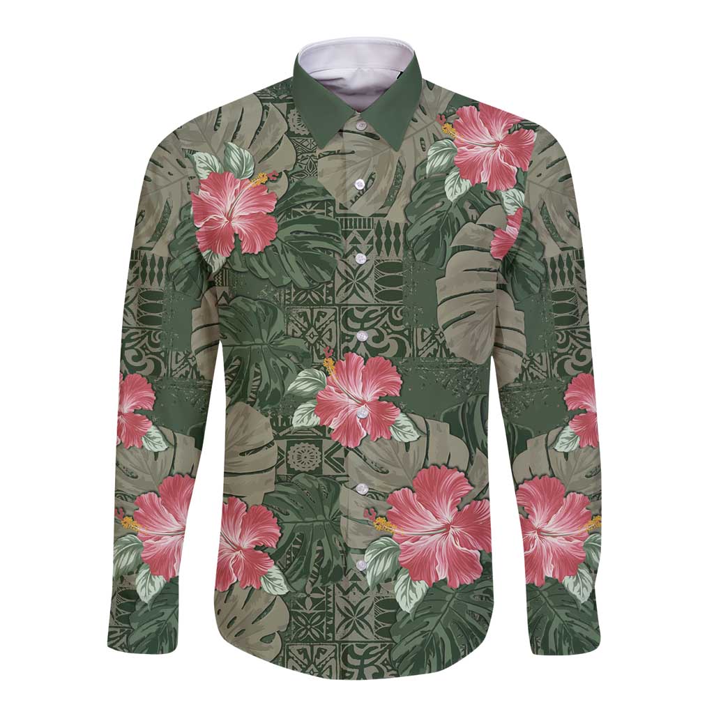 Hawaii Long Sleeve Button Shirt Green Polynesian Monstera Patterns - Polynesian Pride
