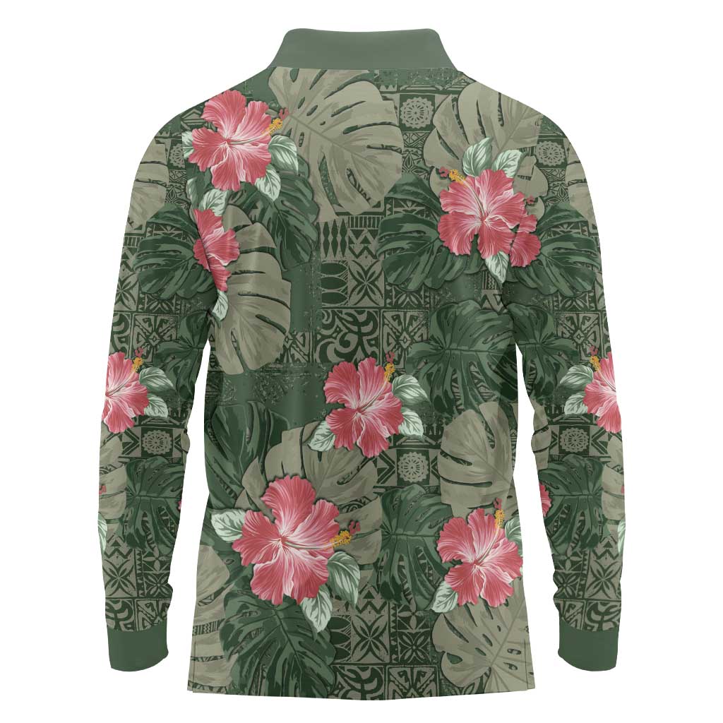 Hawaii Long Sleeve Polo Shirt Green Polynesian Monstera Patterns - Polynesian Pride