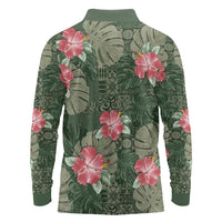 Hawaii Long Sleeve Polo Shirt Green Polynesian Monstera Patterns - Polynesian Pride