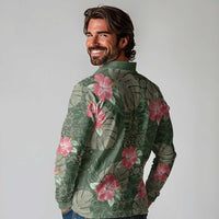 Hawaii Long Sleeve Polo Shirt Green Polynesian Monstera Patterns - Polynesian Pride