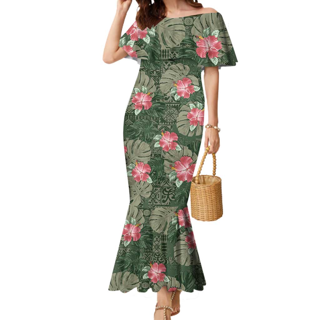 Hawaii Mermaid Dress Green Polynesian Monstera Patterns - Polynesian Pride