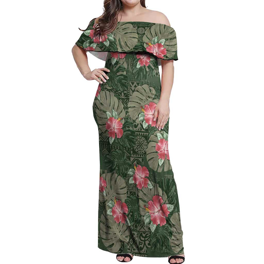 Hawaii Off Shoulder Maxi Dress Green Polynesian Monstera Patterns - Polynesian Pride