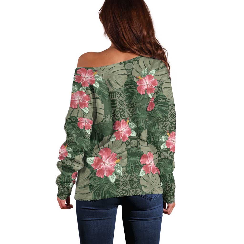 Hawaii Off Shoulder Sweater Green Polynesian Monstera Patterns - Polynesian Pride