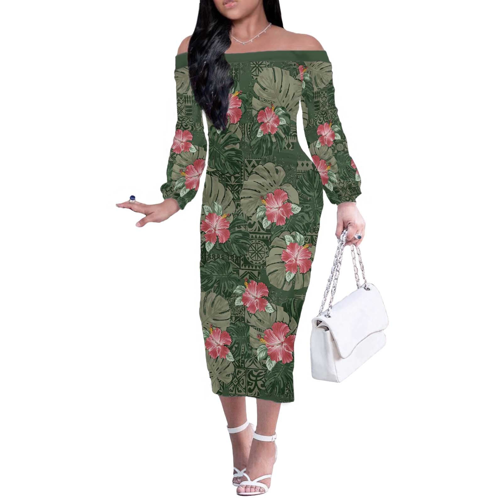 Hawaii Off The Shoulder Long Sleeve Dress Green Polynesian Monstera Patterns - Polynesian Pride