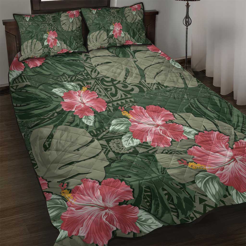Hawaii Quilt Bed Set Green Polynesian Monstera Patterns - Polynesian Pride