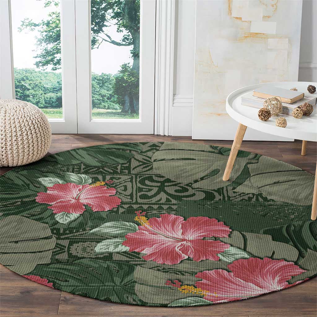 Hawaii Round Carpet Green Polynesian Monstera Patterns - Polynesian Pride