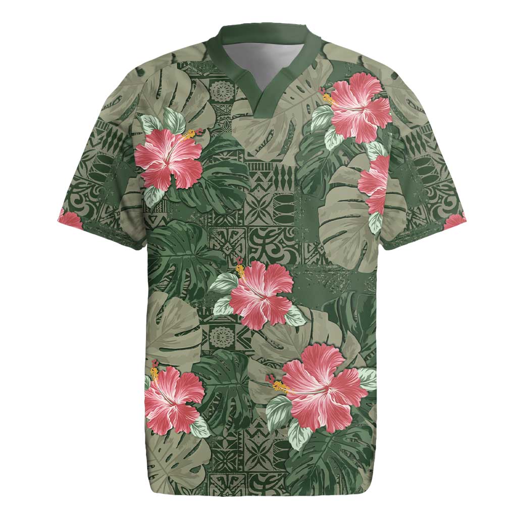 Hawaii Rugby Jersey Green Polynesian Monstera Patterns - Polynesian Pride