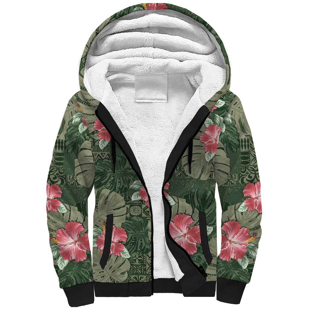 Hawaii Sherpa Hoodie Green Polynesian Monstera Patterns - Polynesian Pride