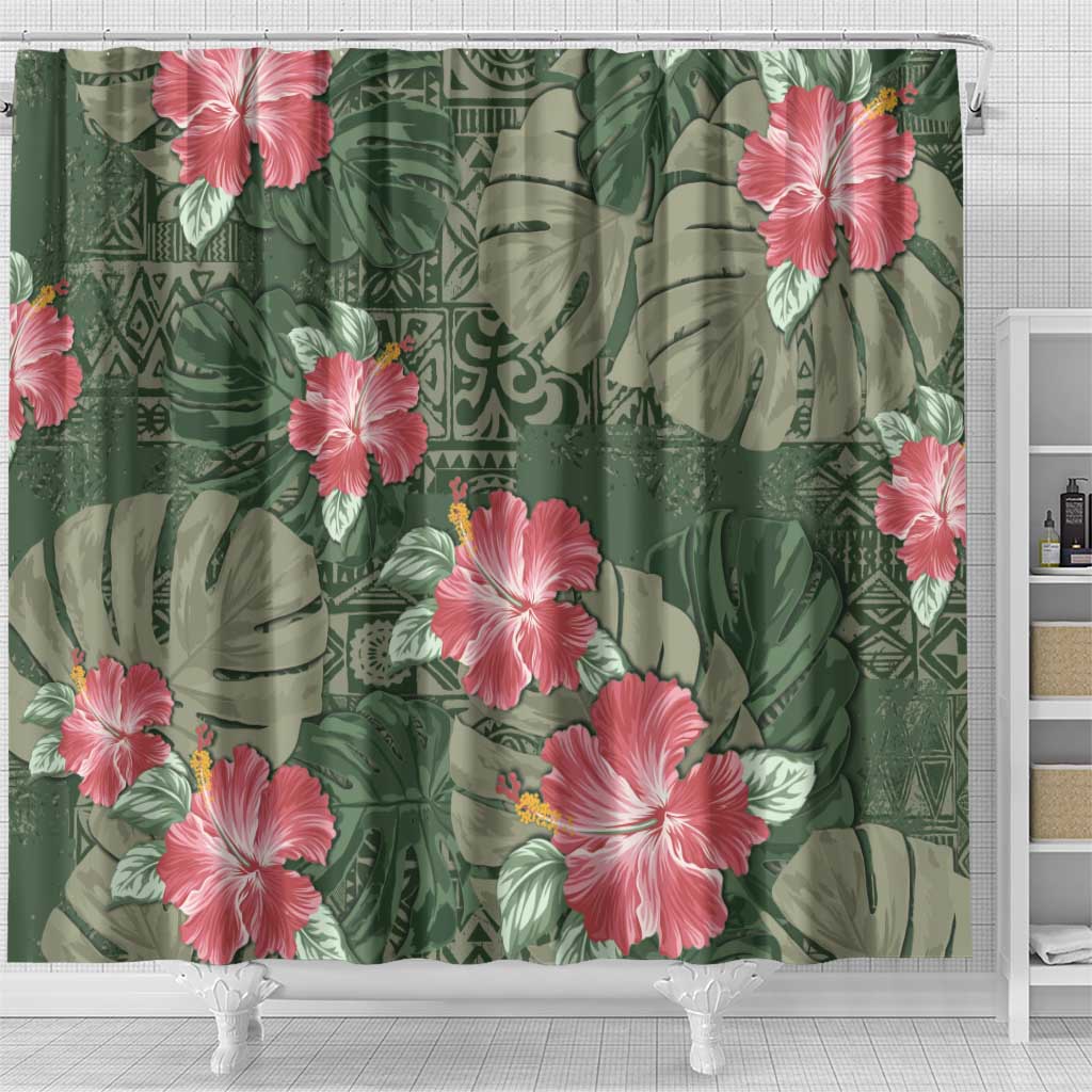 Hawaii Shower Curtain Green Polynesian Monstera Patterns - Polynesian Pride