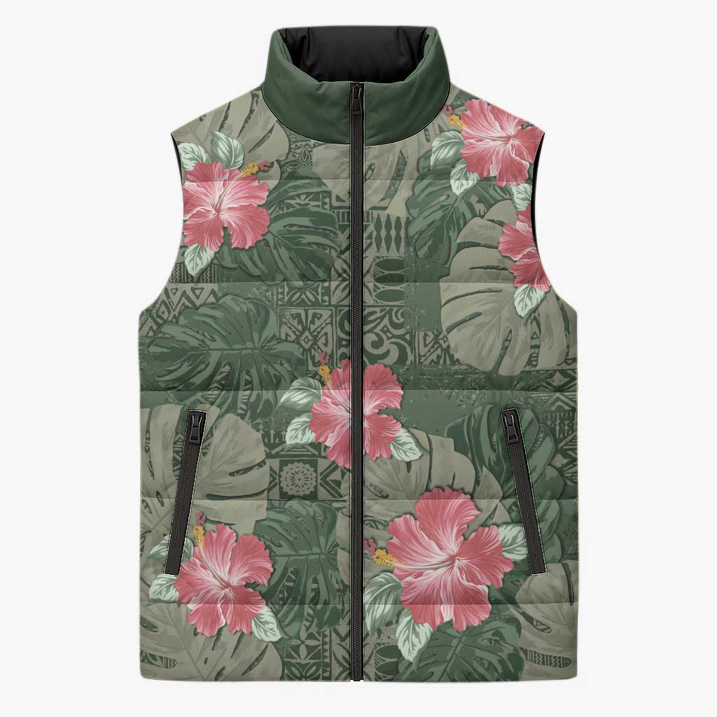 Hawaii Sleeveless Puffer Jacket Green Polynesian Monstera Patterns - Polynesian Pride