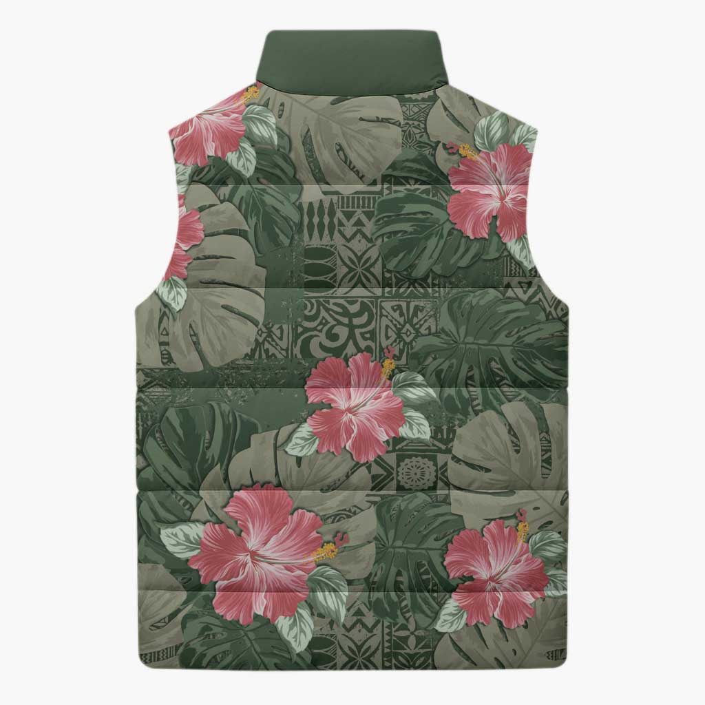 Hawaii Sleeveless Puffer Jacket Green Polynesian Monstera Patterns - Polynesian Pride