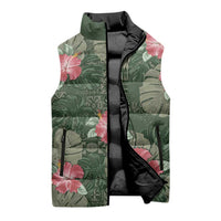 Hawaii Sleeveless Puffer Jacket Green Polynesian Monstera Patterns - Polynesian Pride