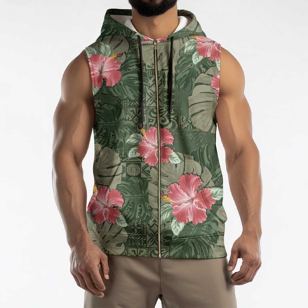 Hawaii Sleeveless Zip Hoodie Green Polynesian Monstera Patterns - Polynesian Pride