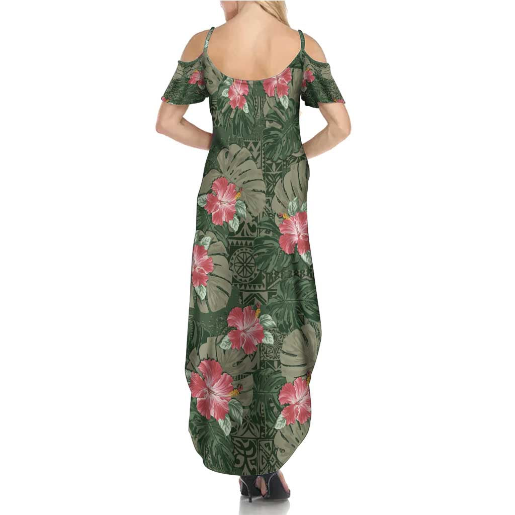Hawaii Summer Maxi Dress Green Polynesian Monstera Patterns - Polynesian Pride