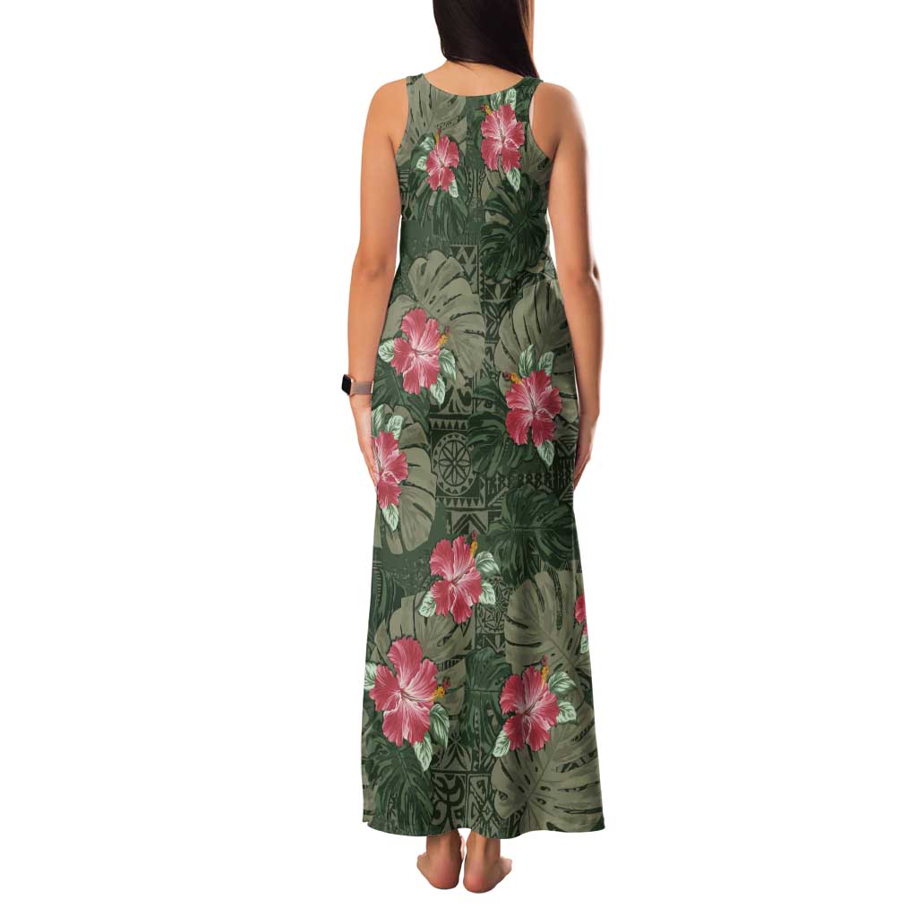 Hawaii Tank Maxi Dress Green Polynesian Monstera Patterns - Polynesian Pride