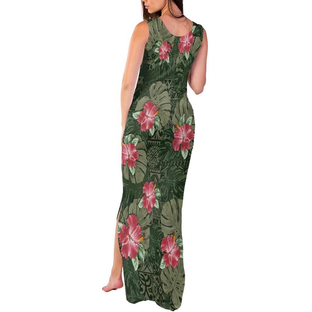 Hawaii Tank Maxi Dress Green Polynesian Monstera Patterns - Polynesian Pride