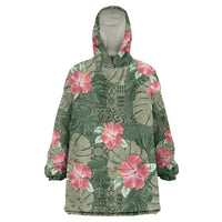 Hawaii Wearable Blanket Hoodie Green Polynesian Monstera Patterns - Polynesian Pride
