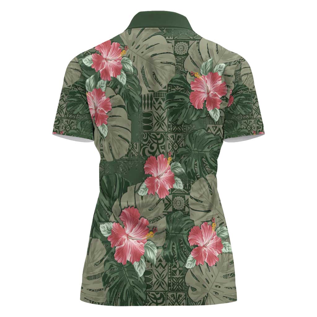Hawaii Women Polo Shirt Green Polynesian Monstera Patterns - Polynesian Pride