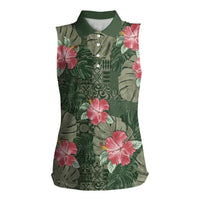 Hawaii Women Sleeveless Polo Shirt Green Polynesian Monstera Patterns - Polynesian Pride