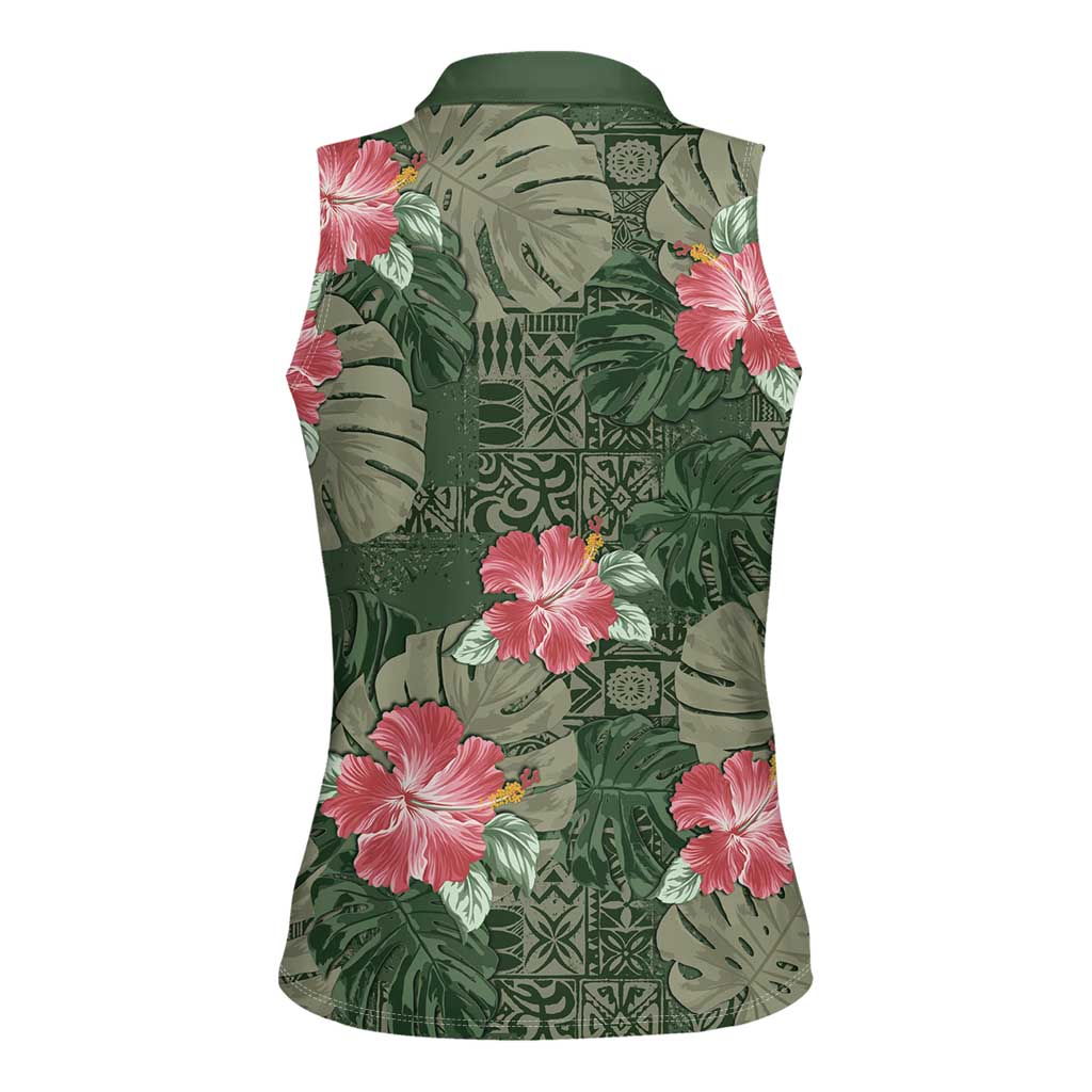 Hawaii Women Sleeveless Polo Shirt Green Polynesian Monstera Patterns - Polynesian Pride