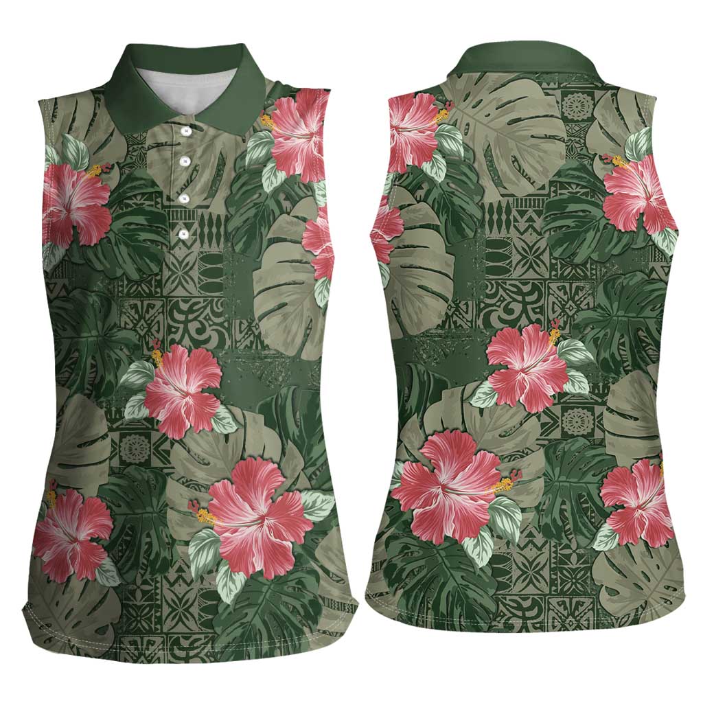 Hawaii Women Sleeveless Polo Shirt Green Polynesian Monstera Patterns - Polynesian Pride