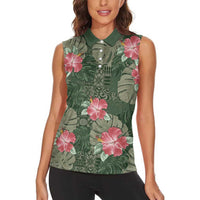 Hawaii Women Sleeveless Polo Shirt Green Polynesian Monstera Patterns - Polynesian Pride