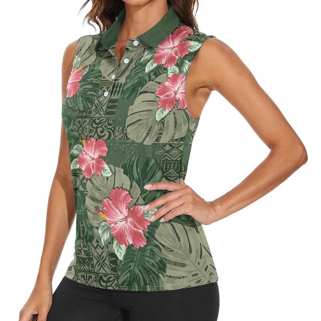 Hawaii Women Sleeveless Polo Shirt Green Polynesian Monstera Patterns - Polynesian Pride