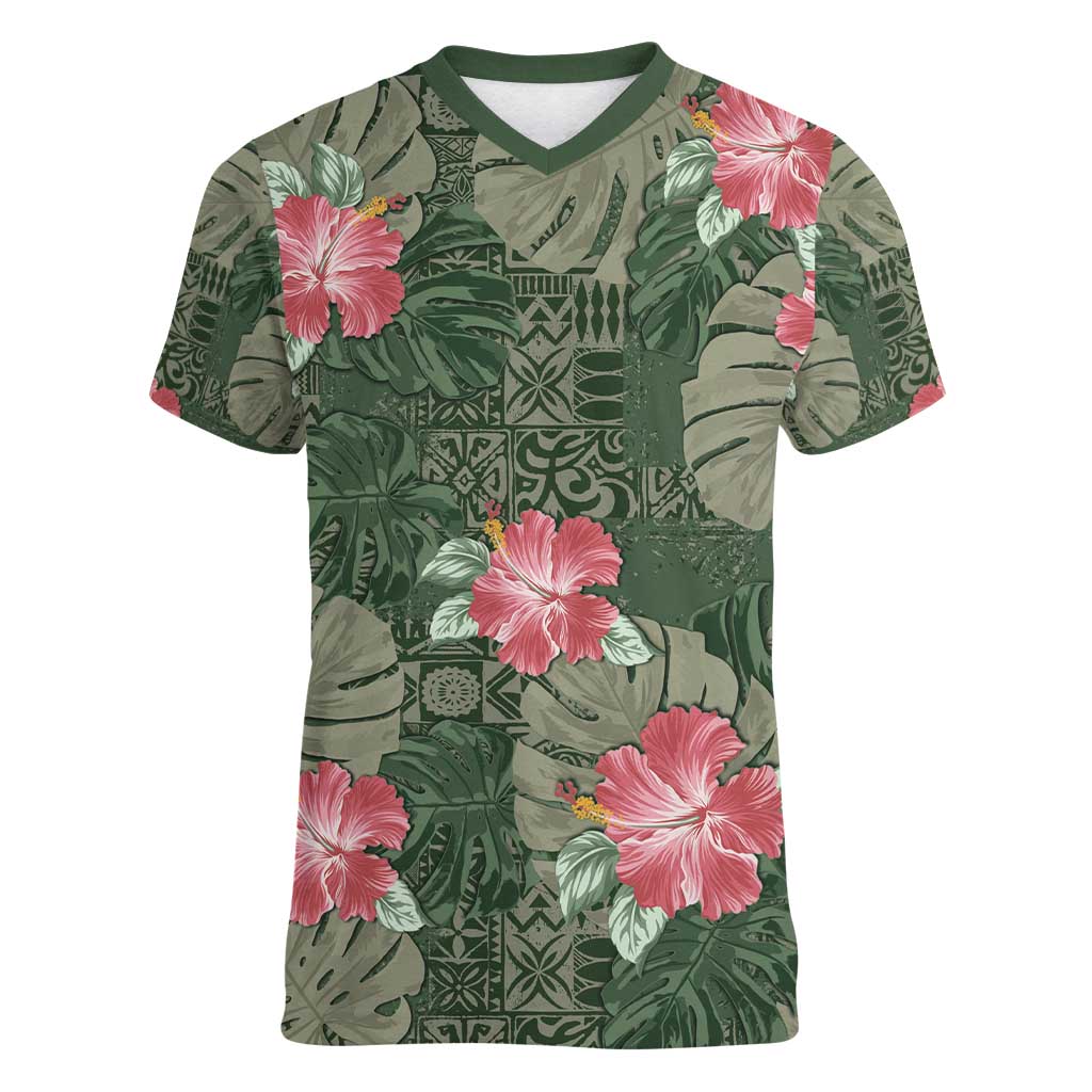 Hawaii Women V-Neck T-Shirt Green Polynesian Monstera Patterns - Polynesian Pride